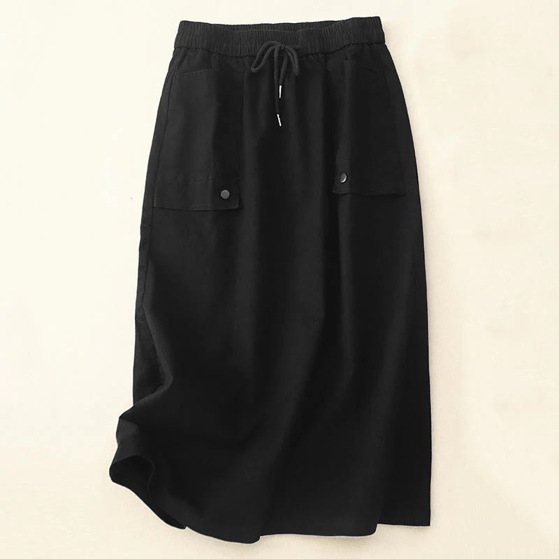 Buddha Stones Vintage Plain Drawstring Button Design Slide Slite Women's Cotton Linen 7-8 Length Skirt With Pockets
