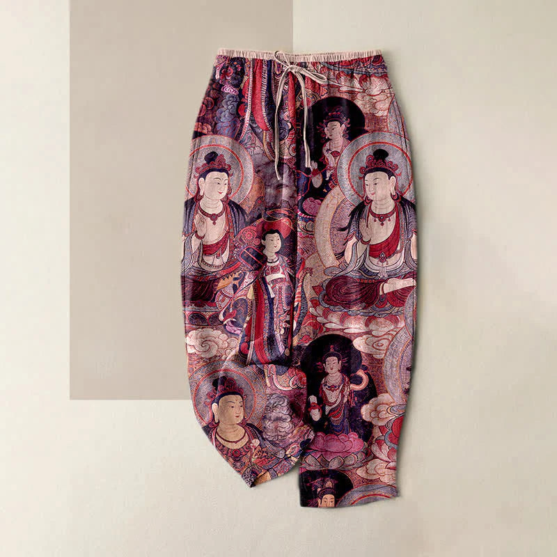 Buddha Stones Multiple Buddhas Pattern Elastic Waist Women's Pure Cotton Pants With Pockets