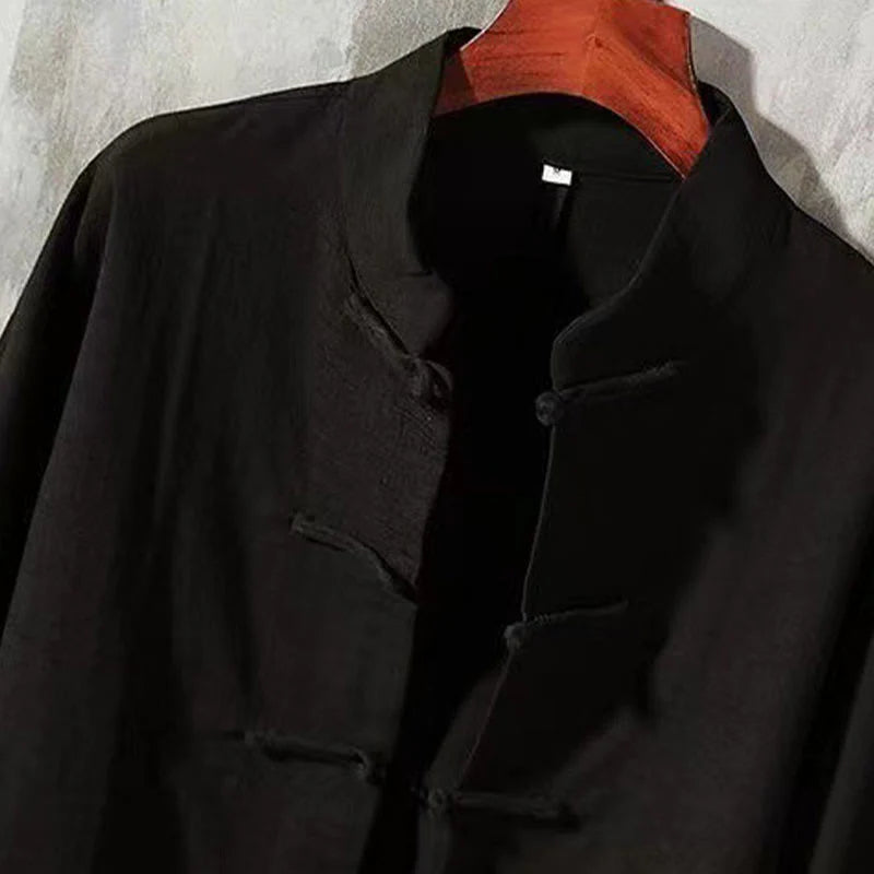 Buddha Stones Men's Tang Long Sleeve Shirt Frog Button With Pocket Stand Collar Comfort Shirt