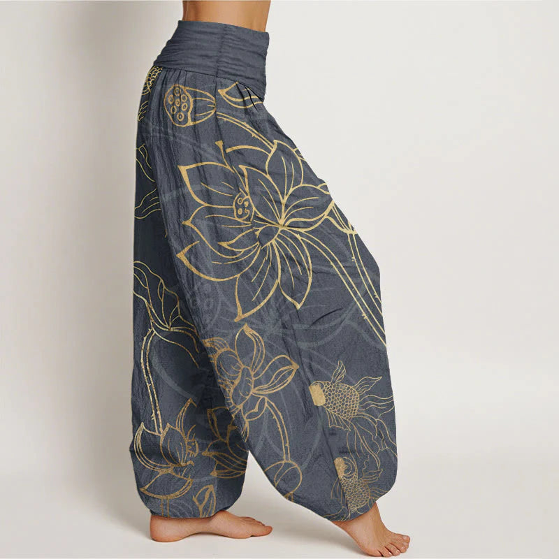 Buddha Stones Cotton Lotus Leaf Koi Fish Women's Elastic Waist Harem Pants