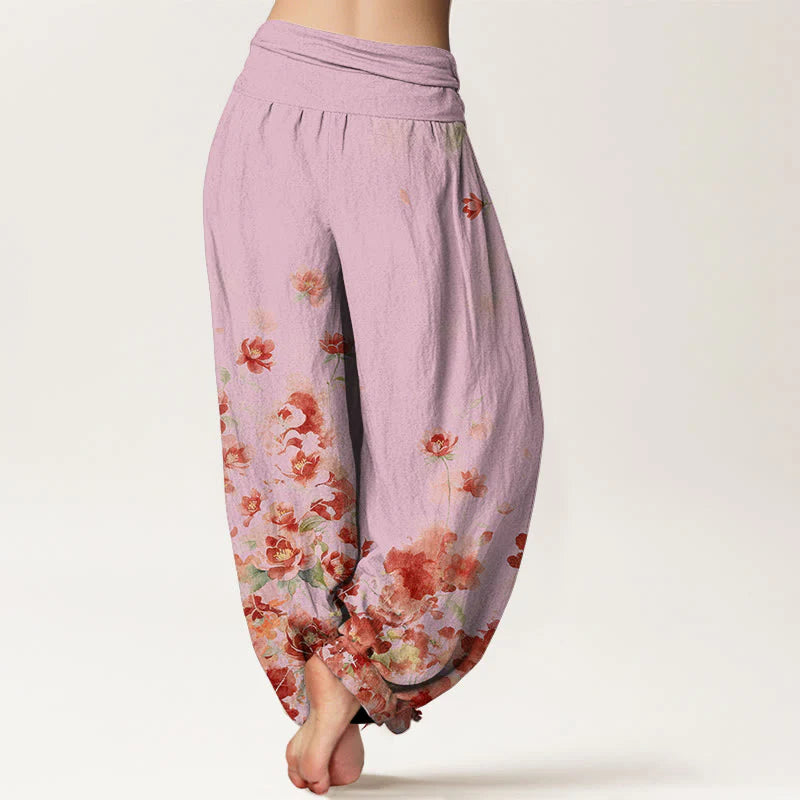Buddha Stones Cotton Camellia Peony Blossom Pattern Women's Elastic Waist Harem Pants