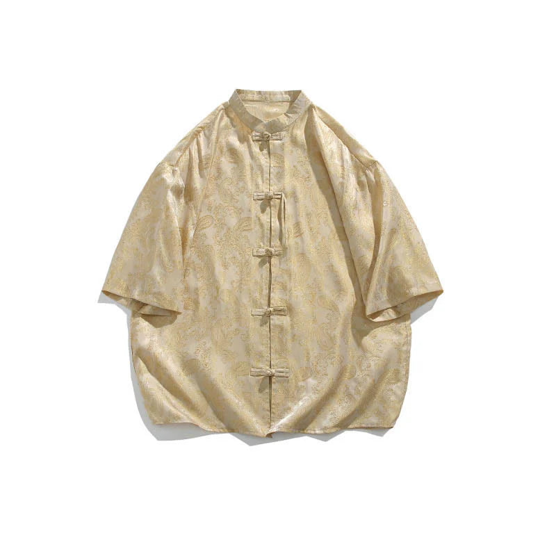 Buddha Stones Summer Frog-Button Half Sleeve Vine Leaf Flower Pattern Men's Shirt