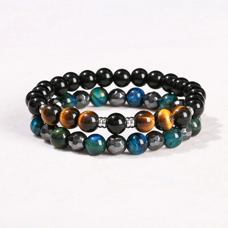 Buddha Stones 2Pcs Hematite Tiger Eye Blue Tiger Eye Powerful Bracelet Set