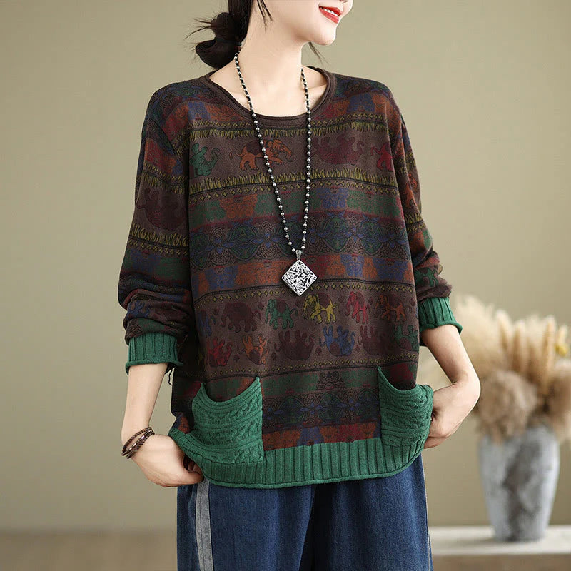 Buddha Stones Fall Elephant Pattern Knitted Cotton Women's Long Sleeve Sweater With Pockets