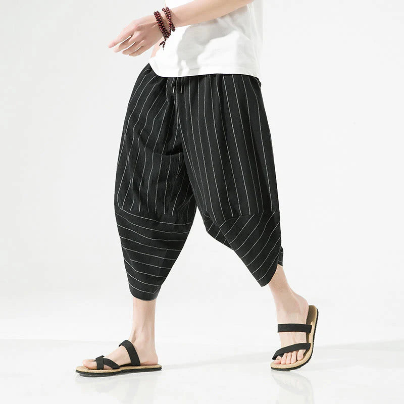 Buddha Stones Casual Plain Stripes Pattern Drawstring Men's 7-8 Length Cotton Linen Harem Pants With Pockets