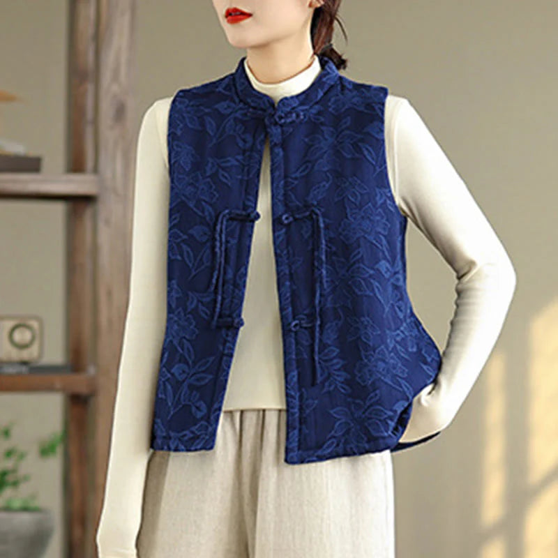 Buddha Stones Jacquard Pattern Frog-button Women's Sleeveless Cotton Vest Waistcoat With Pockets