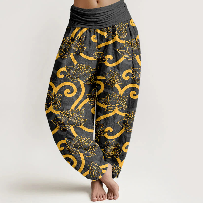 Buddha Stones Pure Cotton Elegant Gorgeous Lotus Scroll Pattern Women's Elastic Waist Harem Pants