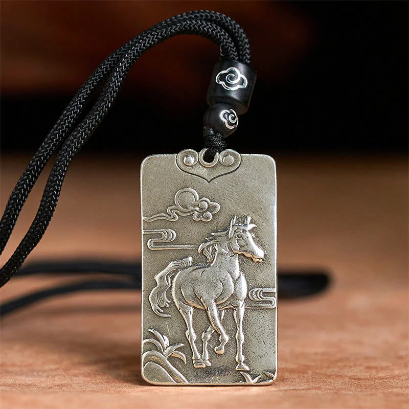 Buddha Stones Year of the Horse Chinese Zodiac Natal Buddha Copper Plated Silver Balance Necklace Pendant