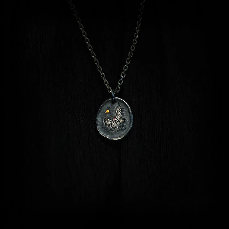 Buddha Stones 999 Sterling Silver 24k Gold Crane Auspicious Clouds Balance Necklace Pendant