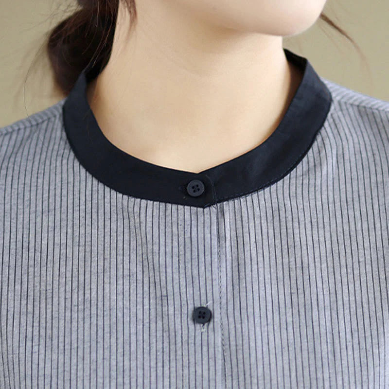 Buddha Stones Fall Plaid Striped Pattern Ruffled Hem Buttons Women's Cotton Long Sleeve Shirt