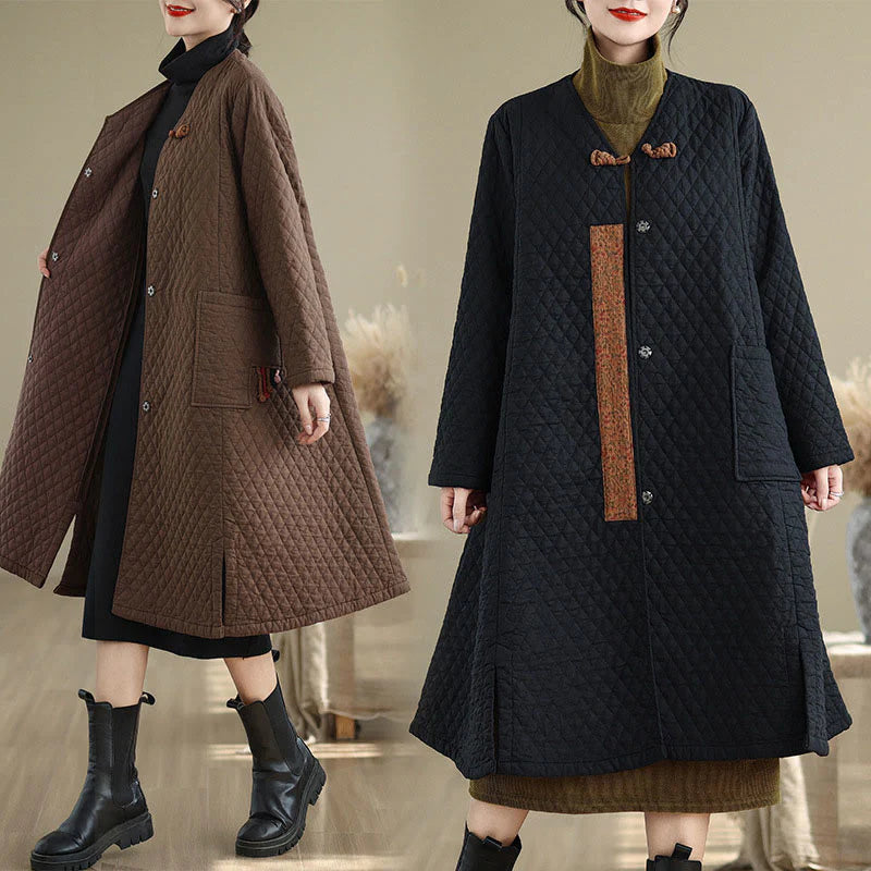 Buddha Stones Diamond Pattern Mid-length Women's Cotton Coat With Pockets