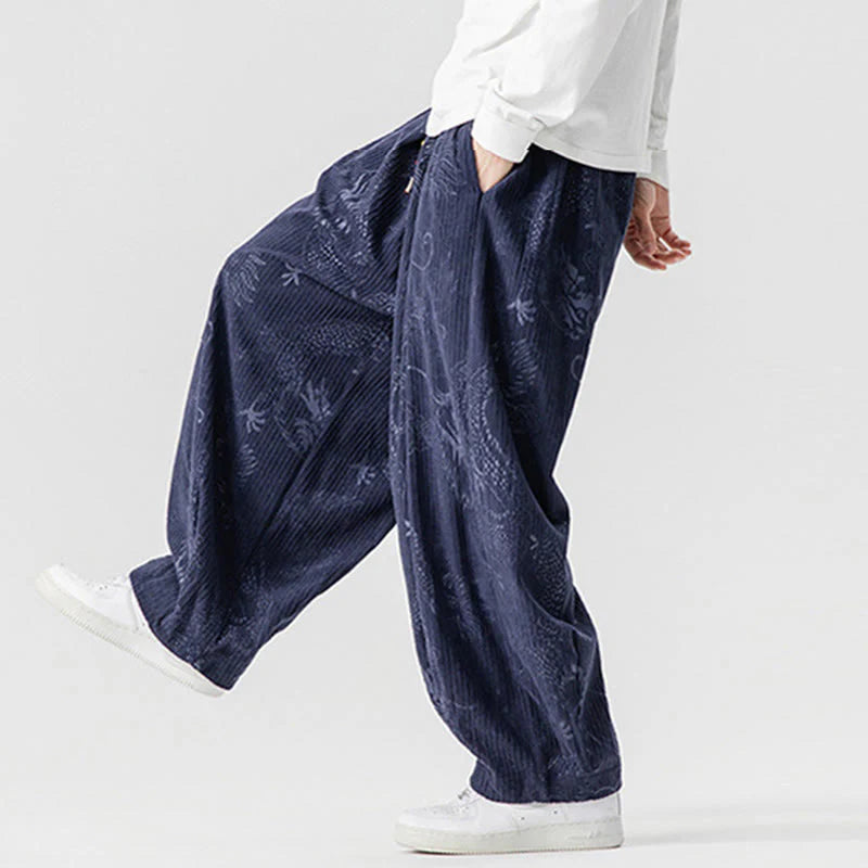 Buddha Stones Winter Dragon Phoenix Pattern Cotton Corduroy Men's Harem Pants With Pockets