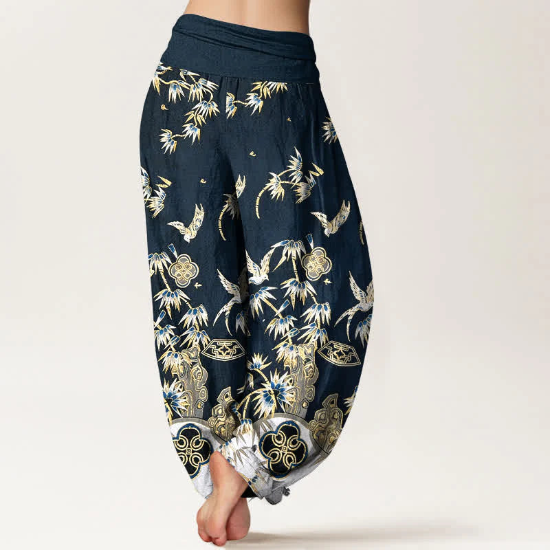 Buddha Stones Bird Bamboo Pattern Cotton Women's Harem High Elastic Waist Pants