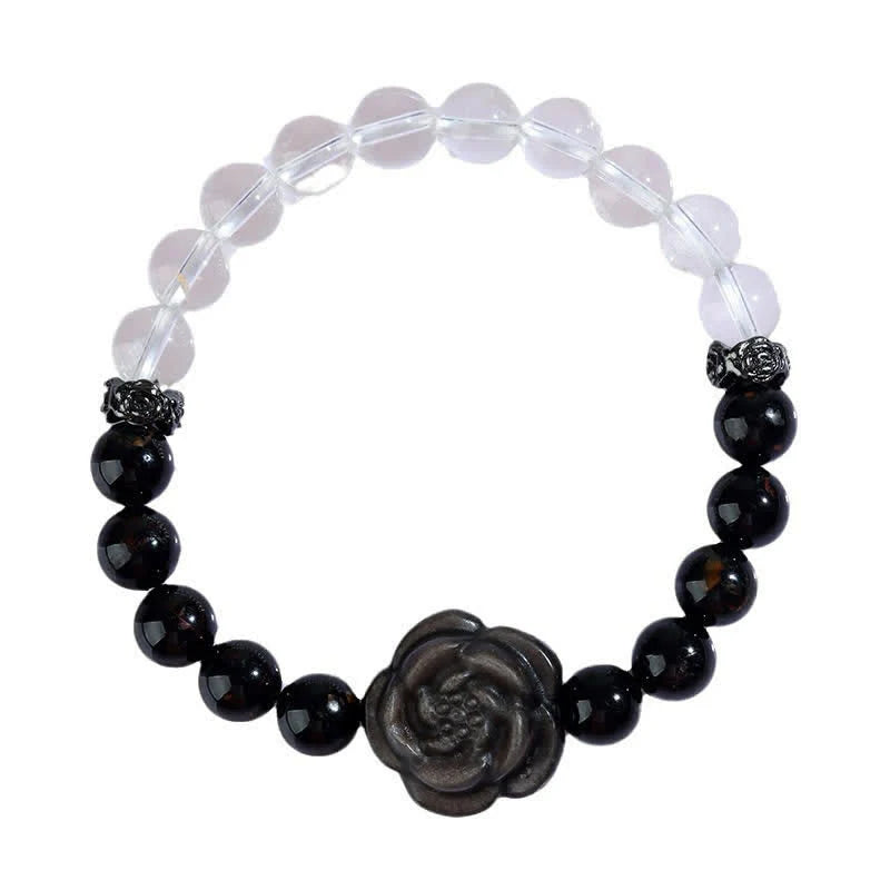 Buddha Stones Black Tourmaline Clear Quartz Carved Rose Flower Design Focus Bracelet