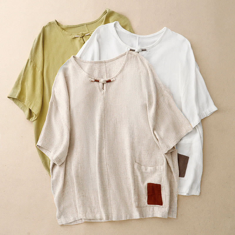 Buddha Stones Colorblock Side Slit  Frog-Button Cotton Linen Half Sleeve Women's Shirt With Pockets