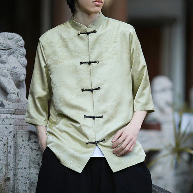 Buddha Stones Summer Pine Tree Mountain Pattern Half Sleeve Frog-Button Design Men's Shirt
