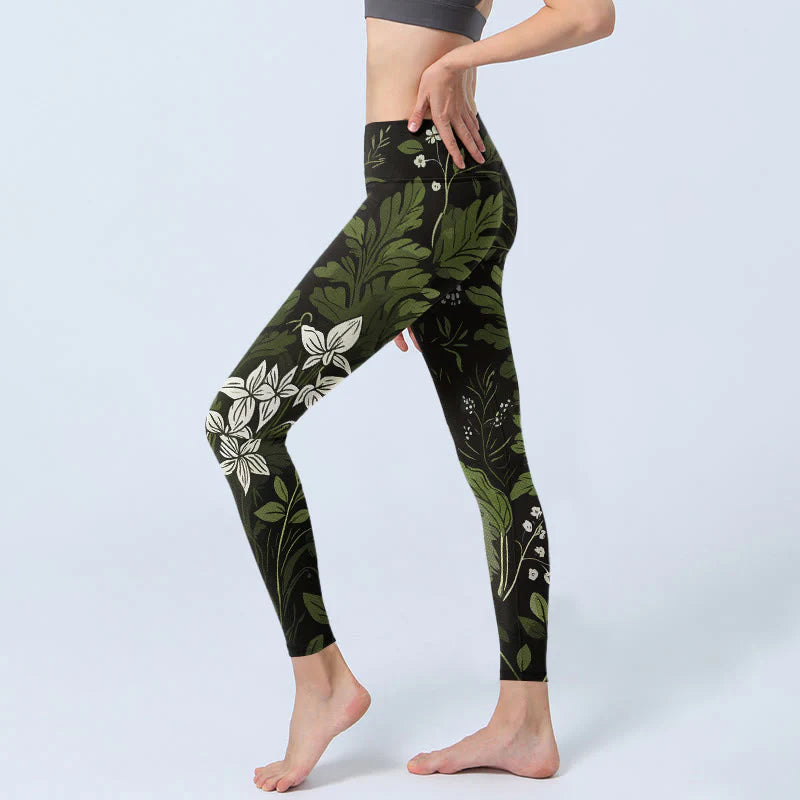 Buddha Stones Retro Flower Leaf Pattern Print Gym Leggings Women's Yoga Pants