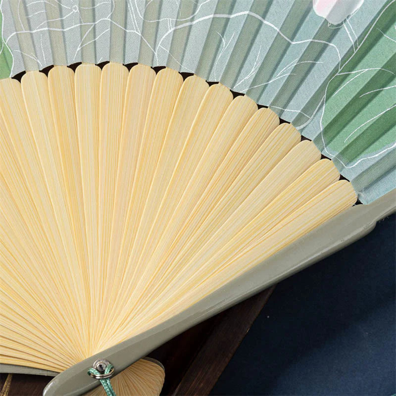 Buddha Stones Lotus Begonia Flower Jasmine Handheld Bamboo Folding Fan 21cm