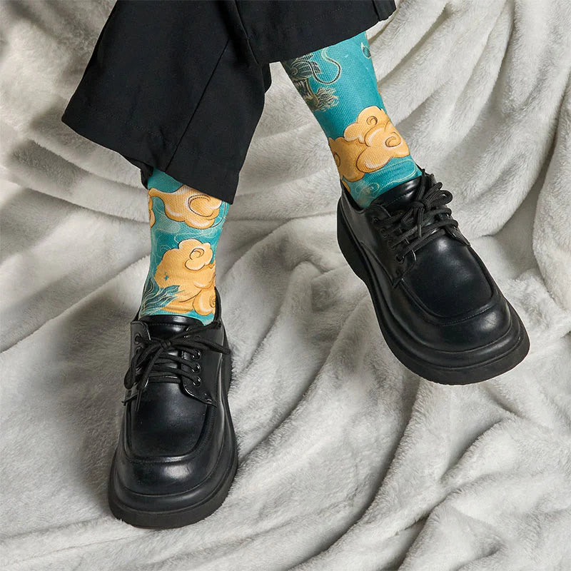 Buddha Stones Casual Dragon Auspicious Clouds Design Micro Crew Men's Socks