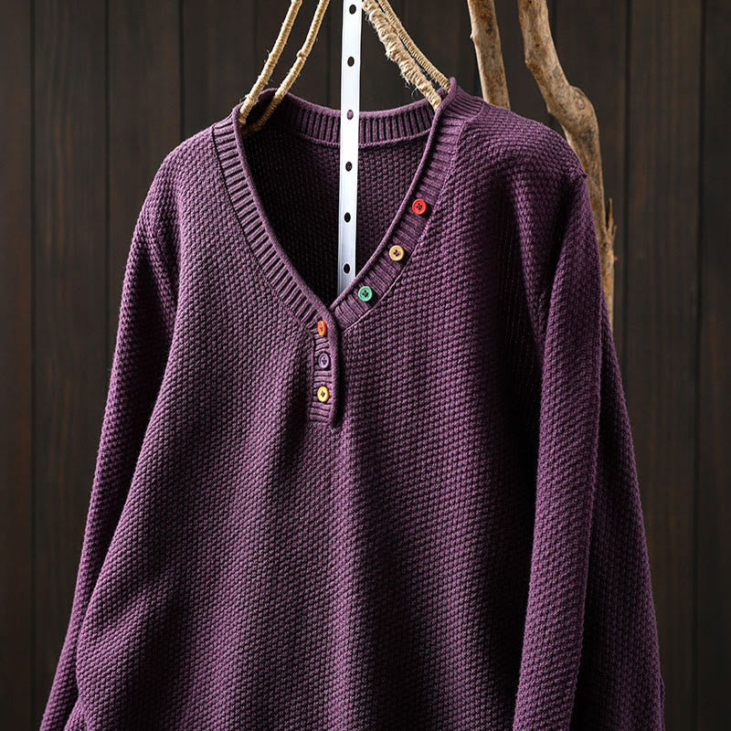 Buddha Stones Fall Colorful Buttons V-Neck Cotton Women's Long Sleeve Knitted Sweater