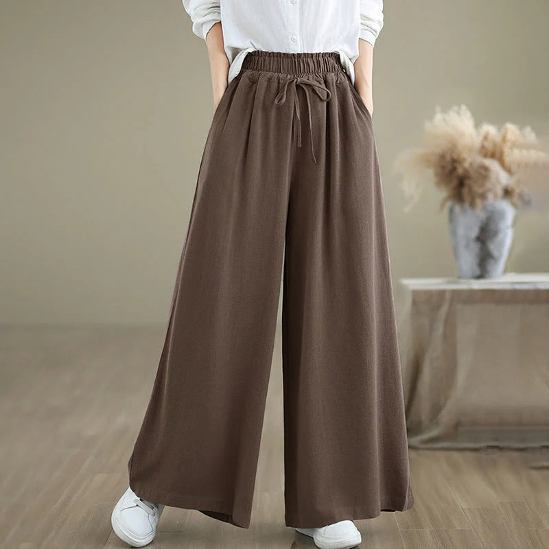 Buddha Stones Women's Pure Color Drawstring Cotton Linen Wide Leg Ankle-Length Pants With Pockets