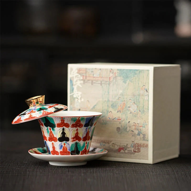 Buddha Stones Thangka Dragon Buddhas Dunhuang Ceramic Gaiwan Sancai Kung Fu Tea Cup And Saucer With Lid Gift Box 180ml