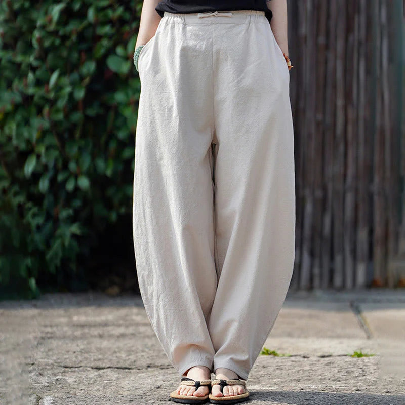 Buddha Stones Summer Plain One Chinese Frog-Button Straight Leg Design Men's Cotton Linen Pants With Pockets