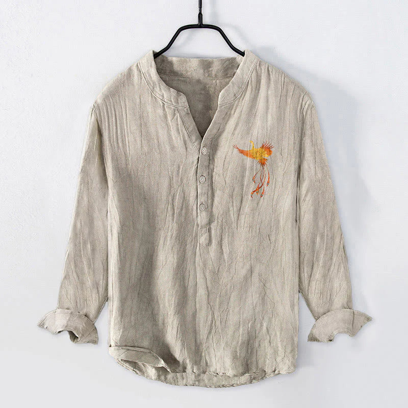 Buddha Stones Phoenix Clouds Red Sun Pattern Half Buttons Men's Cotton Linen Long Sleeve Shirt