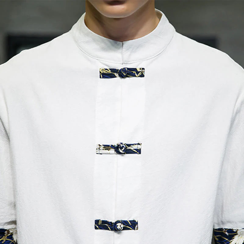 Buddha Stones Solid Color Frog-Button Stand Collar Men's Short Sleeve White Crane Cotton Shirt