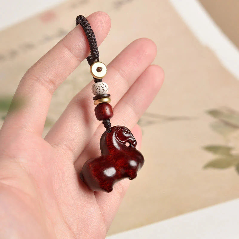 Buddha Stones Year Of The Horse Small Leaf Red Sandalwood Balance Key Chain