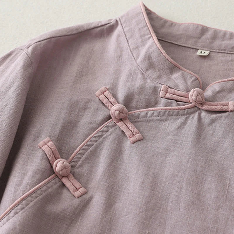Buddha Stones Plain Slanted Buttons Cotton Linen Women's Shirt
