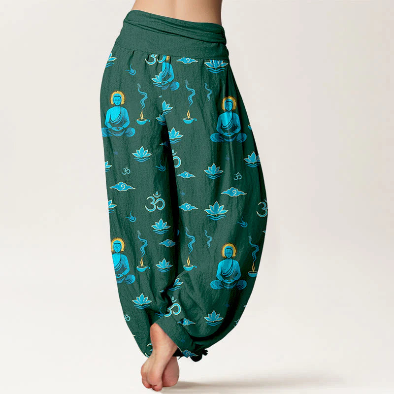 Buddha Stones Cotton Om Symbol Lotus Cloud Buddha Pattern Women's Elastic Waist Harem Pants