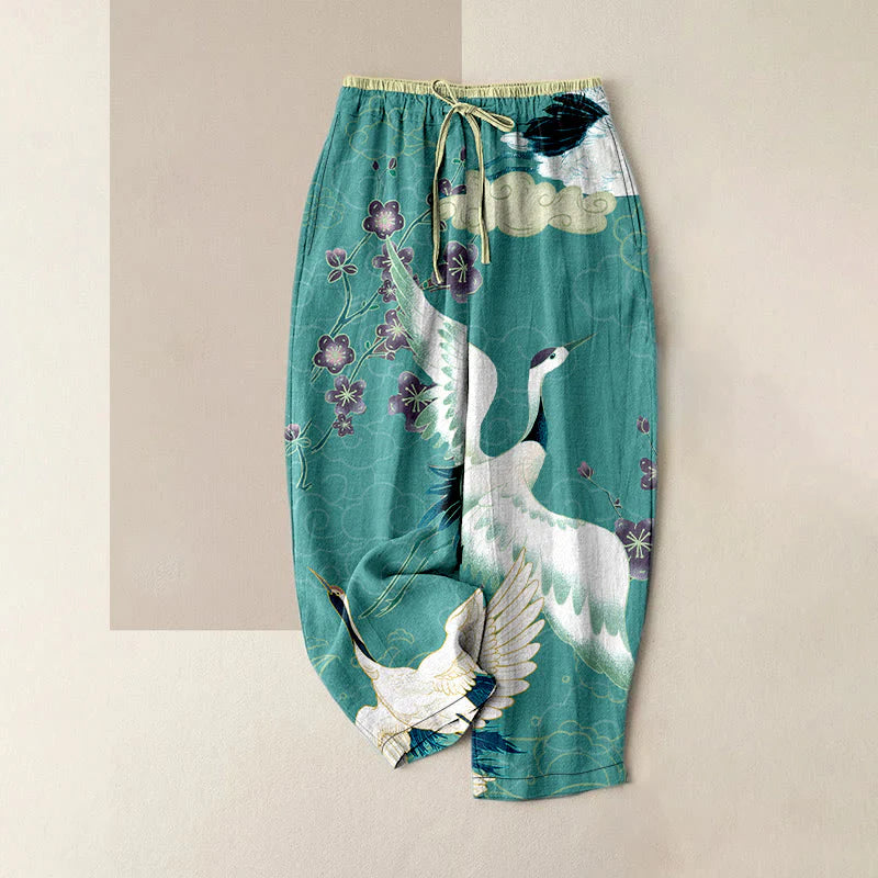 Buddha Stones Cotton Casual Cranes Flowers Auspicious Clouds Pattern Women's Elastic Waist Pants With Pockets