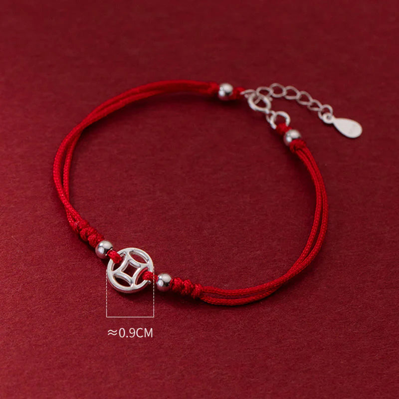 Buddha Stones 925 Sterling Silver Hollow Copper Coin Luck String Bracelet