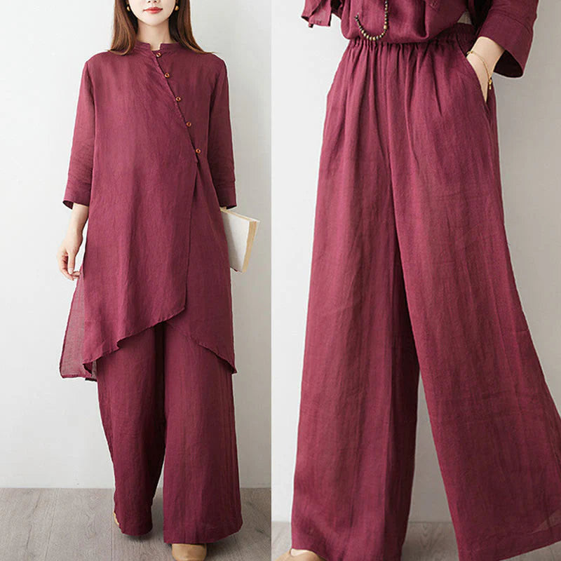 Buddha Stones Casual 2pcs Plain Three Quarter Sleeve Slanted Collar Shirt Top Wide Leg Pants With Pockets Meditation Zen Tai Chi Clothing Women's Set