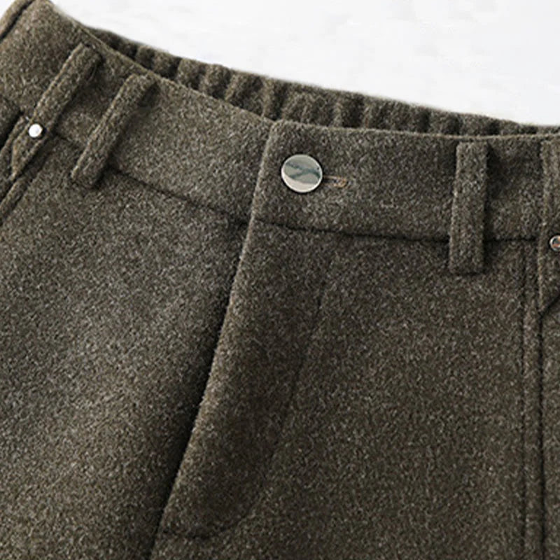 Buddha Stones Plain Button Cotton Thick Wool Women's Wide Leg Pants With Pockets