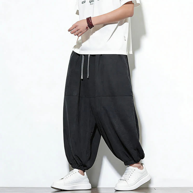 Buddha Stones Spring Solid Color Drawstring Cropped Men's Harem Cotton Pants With Pockets