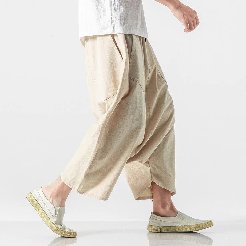 Buddha Stones Casual Low Crotch Design Drawstring Men's 7-8 Length Cotton Linen Wide Leg Pants With Pockets