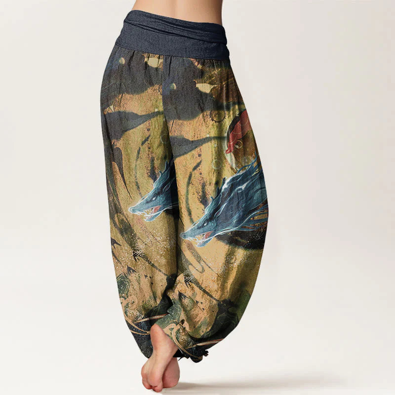 Buddha Stones Pure Cotton Dragon Auspicious Clouds Pattern Women's Elastic Waist Harem Pants
