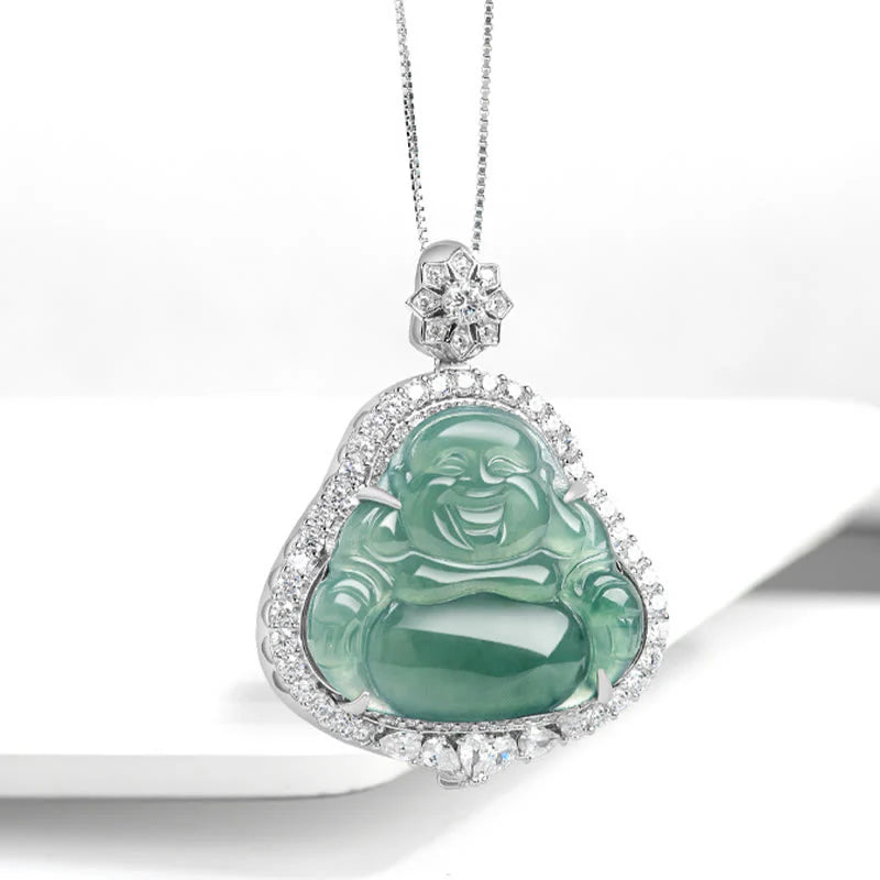 Buddha Stones Laughing Buddha Natural Jade Luck Abundance Titanium Steel Chain Necklace Pendant