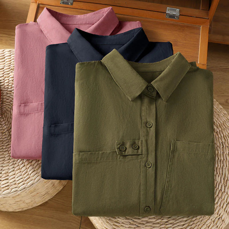 Buddha Stones Spring Plain Lapel Long Sleeve Women's Cotton Shirt With Pockets