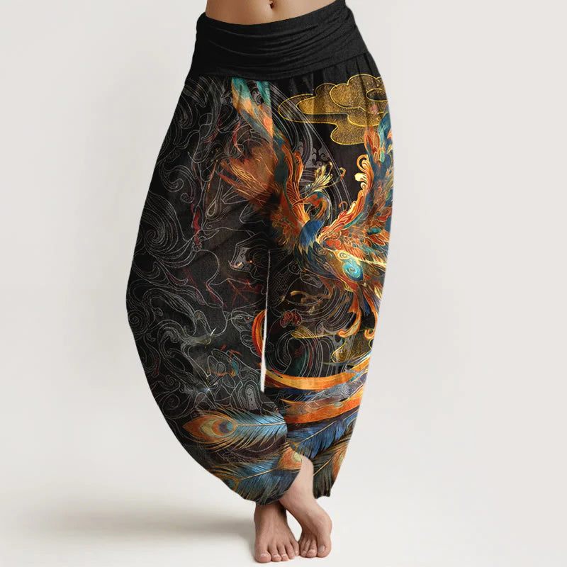 Buddha Stones Pure Cotton Gorgeous Flying Phoenix Cloud Pattern Women's Elastic Waist Harem Pants