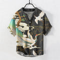 Buddha Stones Cotton Crane Auspicious Clouds Pine Pattern Men's Short Sleeve Half Button Shirt