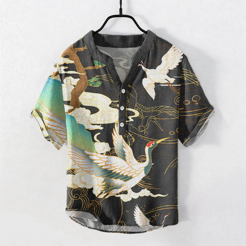 Buddha Stones Cotton Crane Auspicious Clouds Pine Pattern Men's Short Sleeve Half Button Shirt