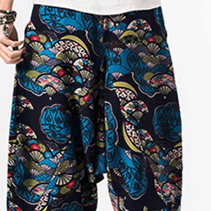 Buddha Stones Ethnic Printing Floral Geometric Pattern Men's Harem 7-8 Length Pants With Pockets
