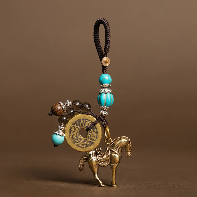 Buddha Stones Year Of The Horse Copper Brass Five-Emperor Coins Om Mani Padme Hum Protection Key Chain
