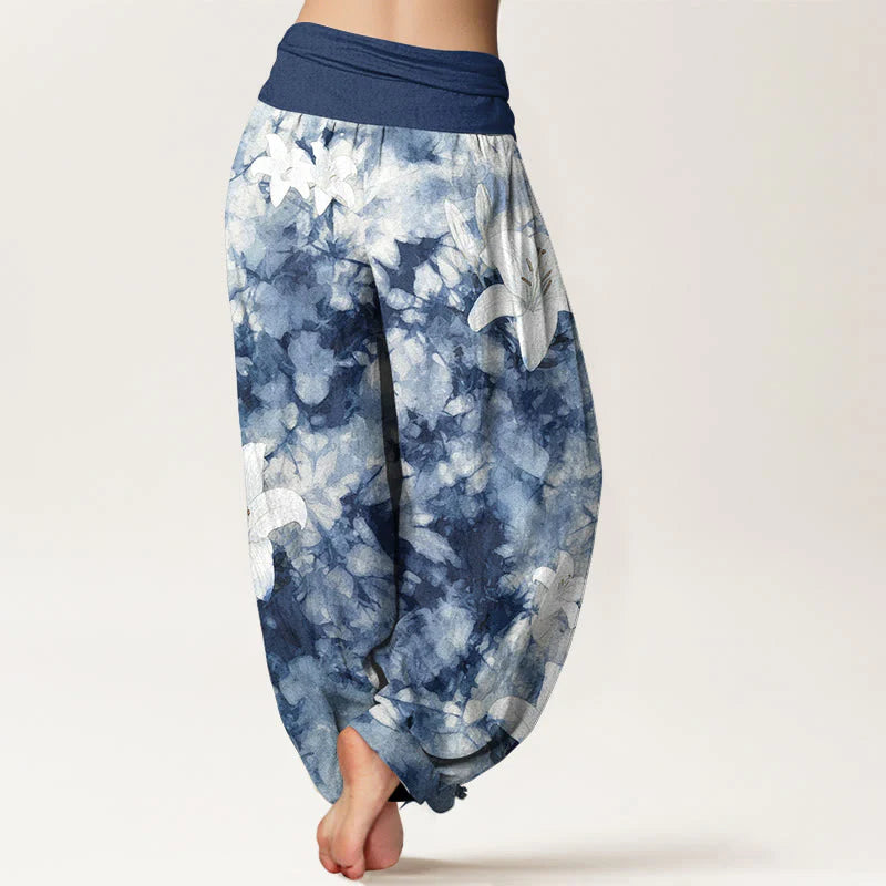 Buddha Stones Pure Cotton Watercolor Style Lily Pattern Women's Elastic Waist Harem Pants