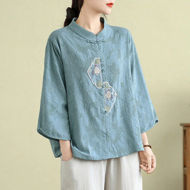 Buddha Stones Flower Embroidery Jacquard Three Quarter Sleeve Frog-Button Cotton Women's Shirt