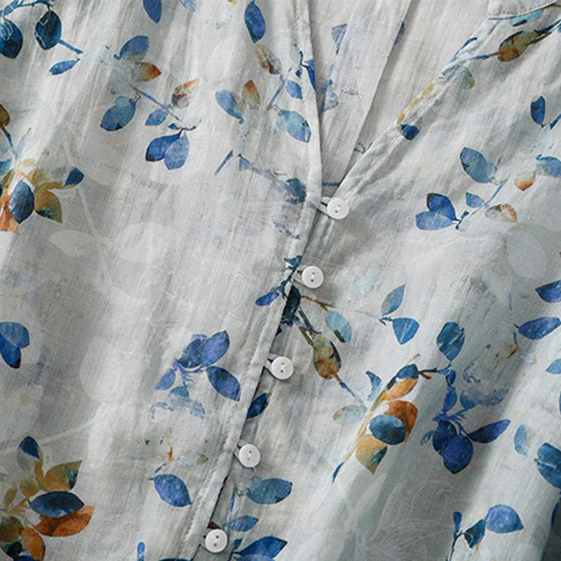 Buddha Stones Blue Floral V-Neck Three Quarter Sleeve Women's Cotton Shirt