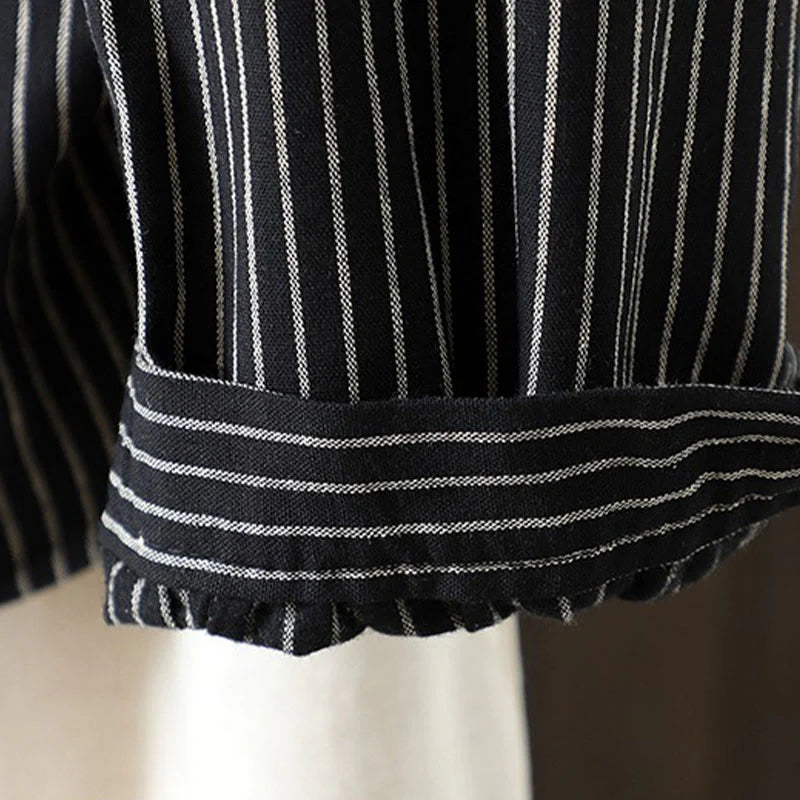 Buddha Stones Fall Stripe Stand Collar Buttons Women's Long Sleeve Shirt With Pocket